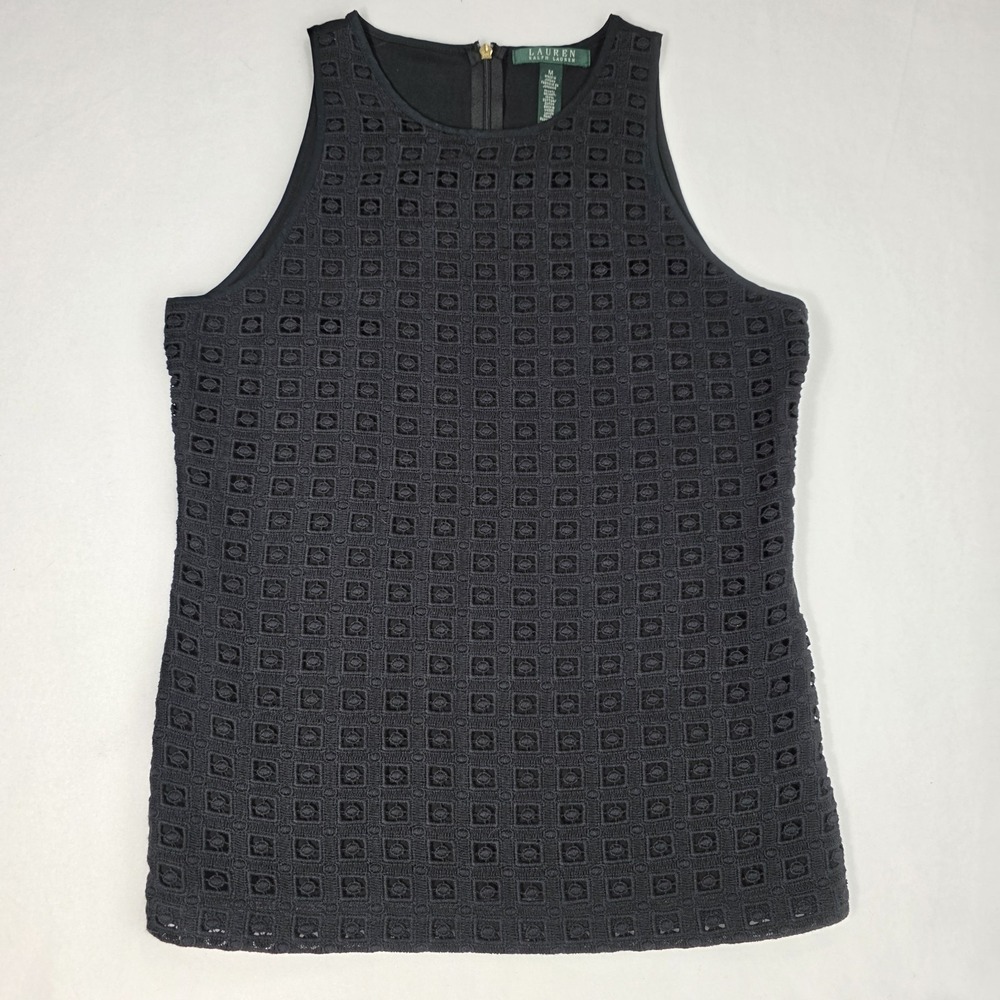 Womens Ralph Lauren Black Stretch Cotton Geometric Lace Overlay Front Tank Top M